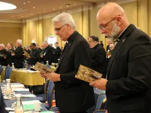 Archbishop Paul Coakley of Oklahoma City (Left) and Bishop James Wall of Gallup, head of the Subcommittee on Native American Affairs under the USCCB Standing Committee for Cultural Diversity, (Right) at the 2019 USCCB General Assembly, June 12, 2019.
